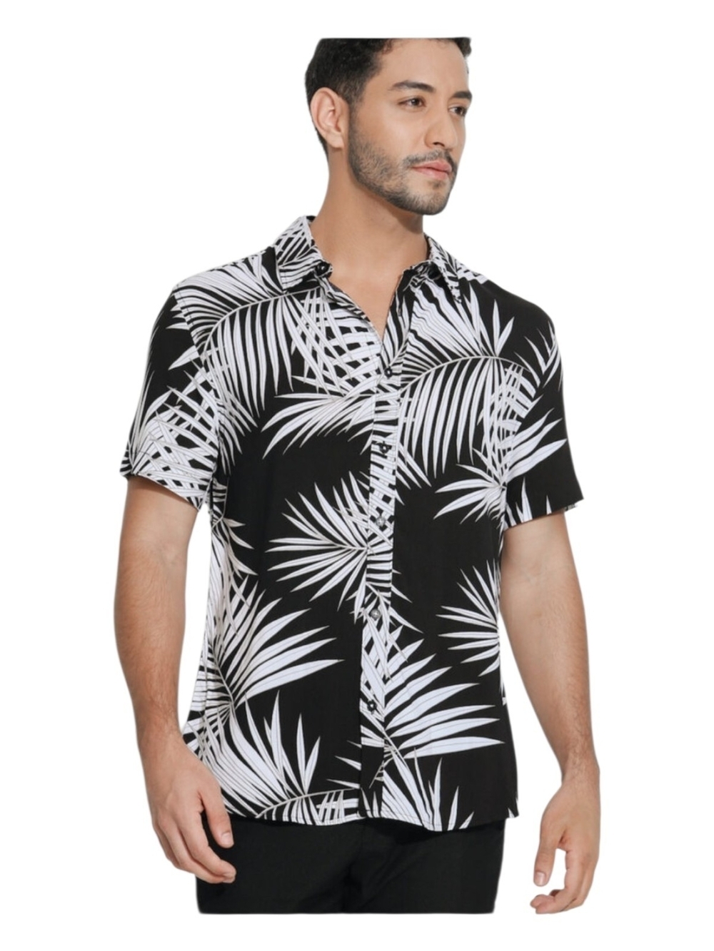 Guess Black and White Palm-Print Short-Sleeve Button-Down Shirt